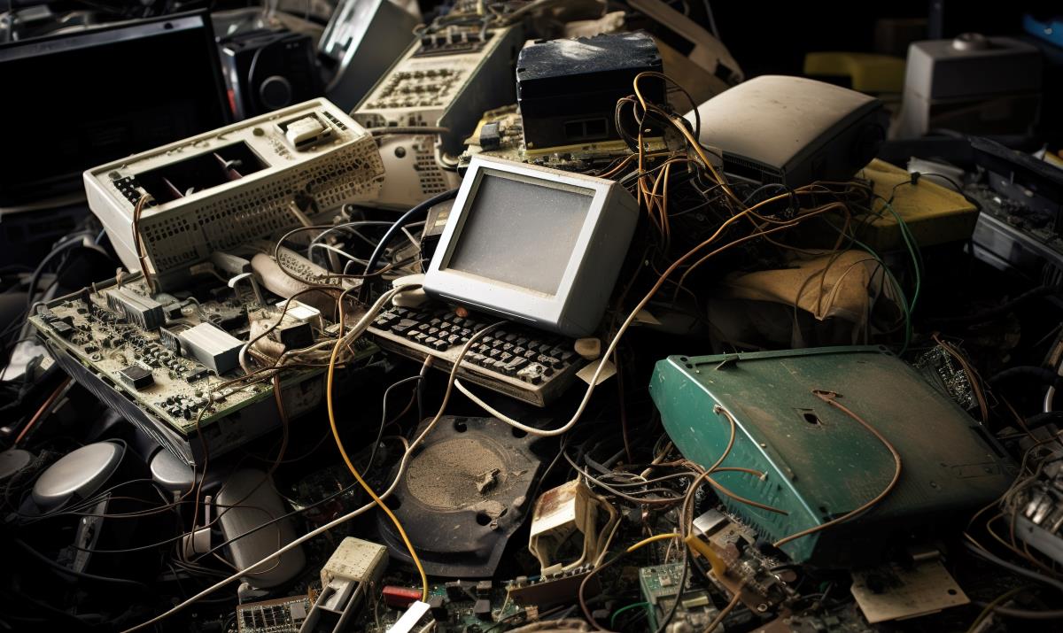 A stack of outdated computers and electronic devices, waiting to be disposed of or recycled.