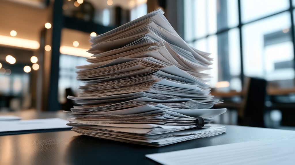 Large stack of paper documents on a table in a modern office environment with blurred background