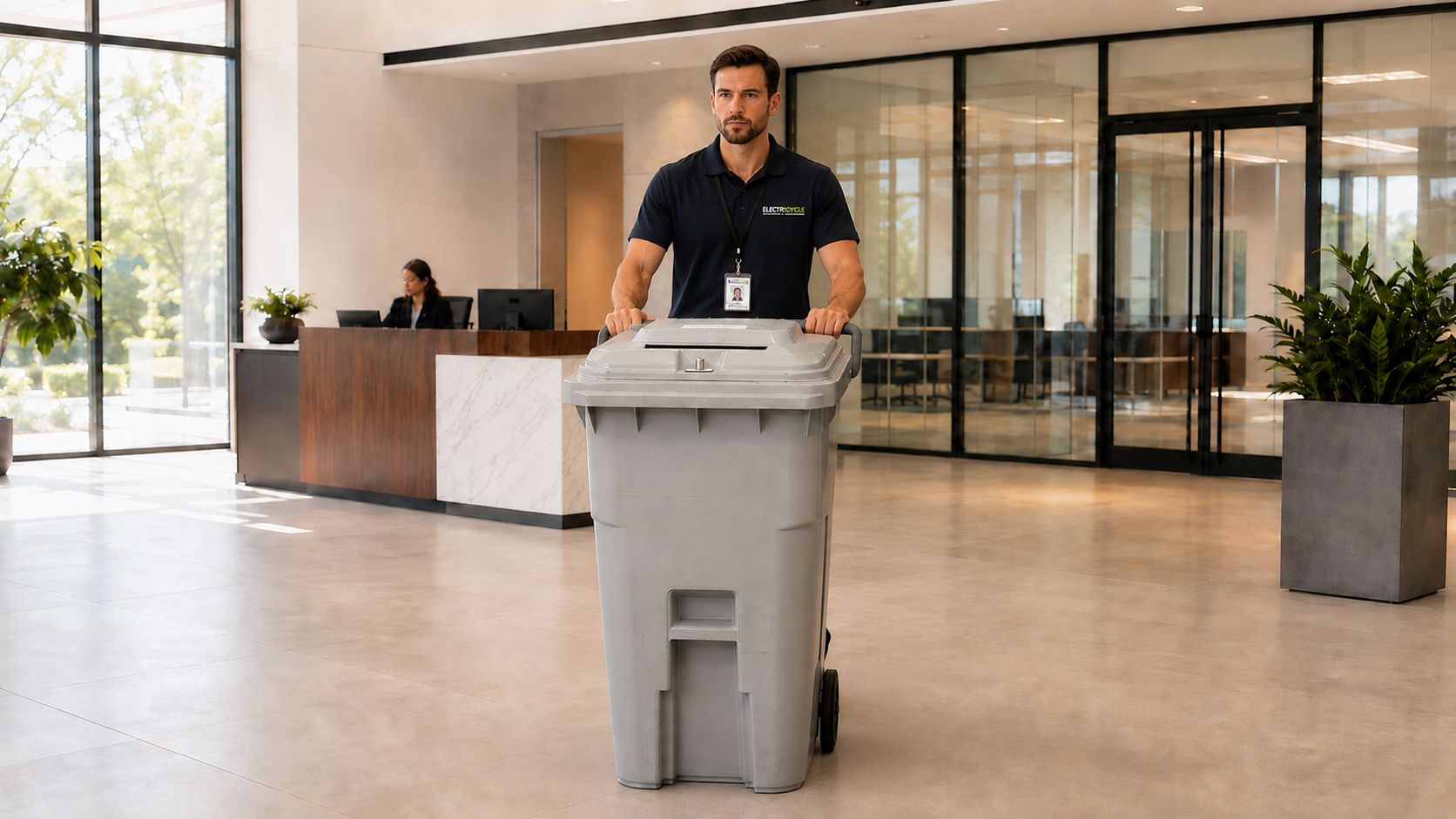 ElectroCycle technician moving a secure locked document container through a professional office
