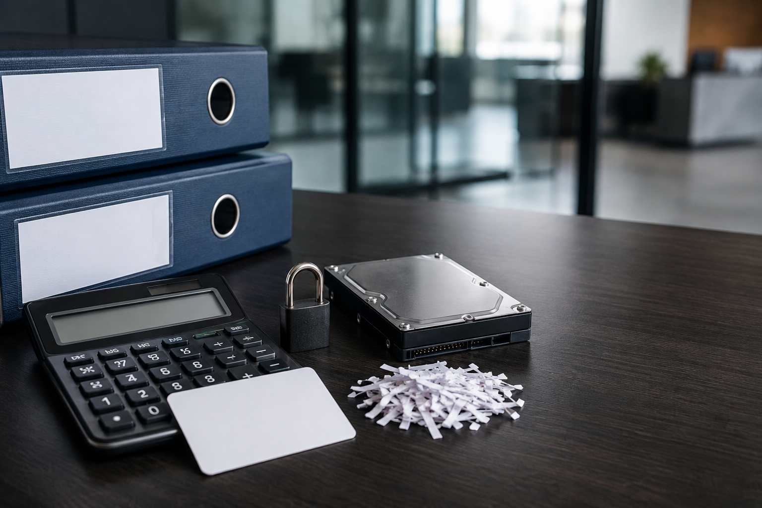 Financial records, lock, hard drive and shredded paper
