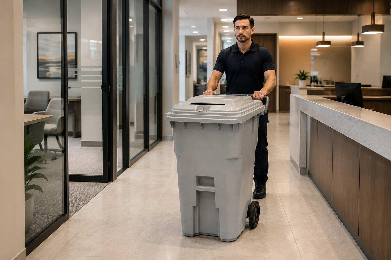 Technician moving a secure shredding container through a financial office