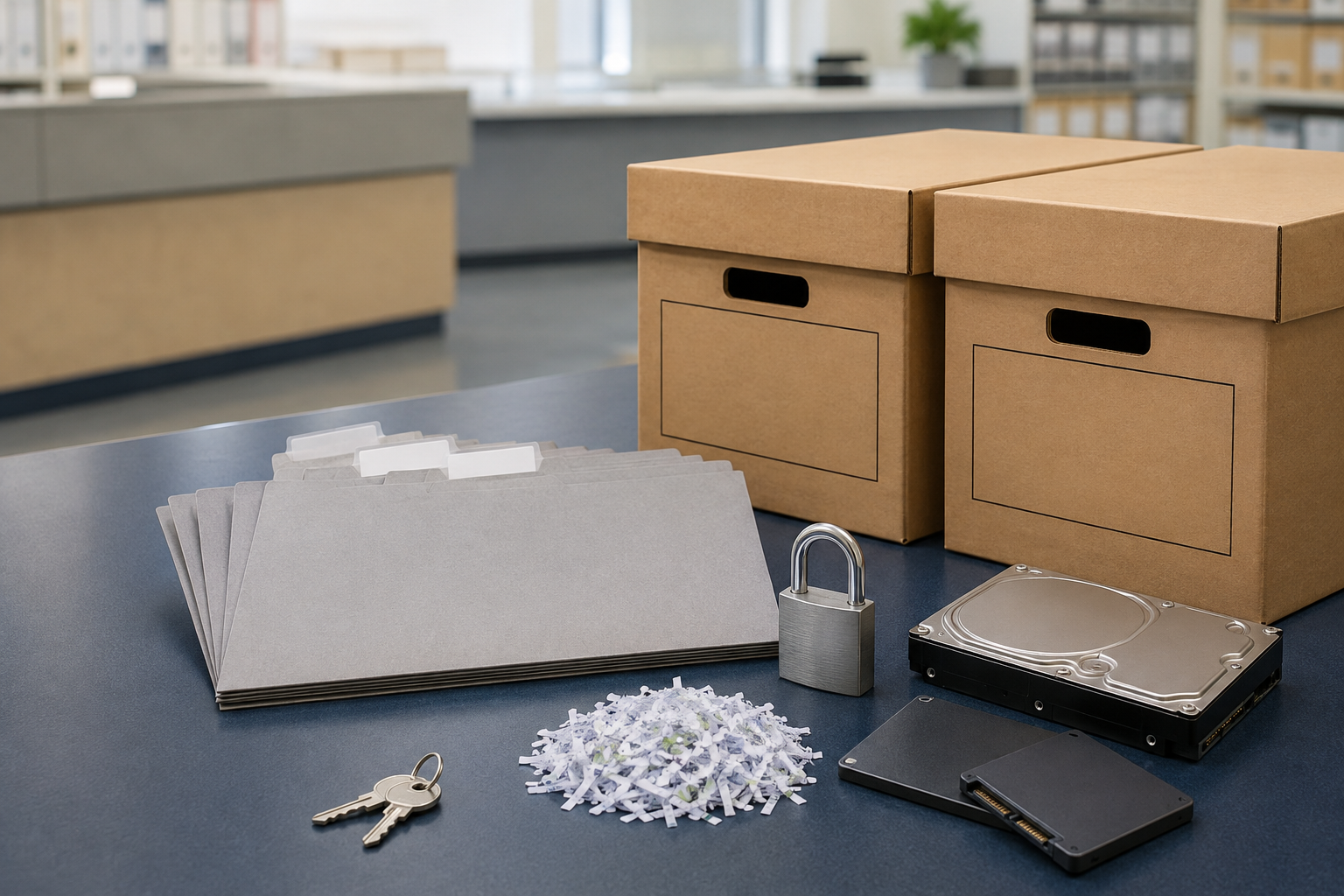 Municipal record boxes, lock, data drives and shredded paper