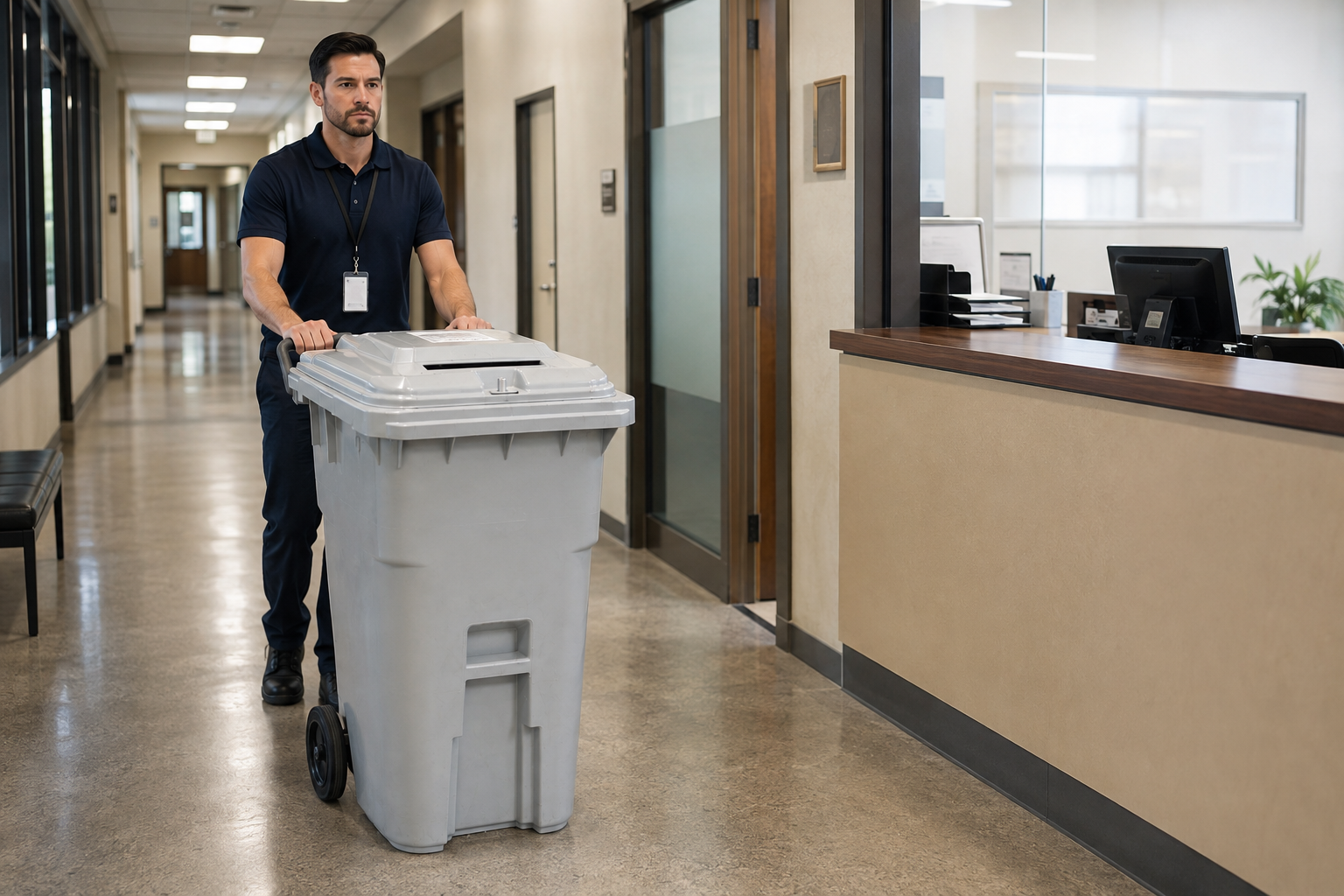 Technician pushing a secure shredding container through a municipal office