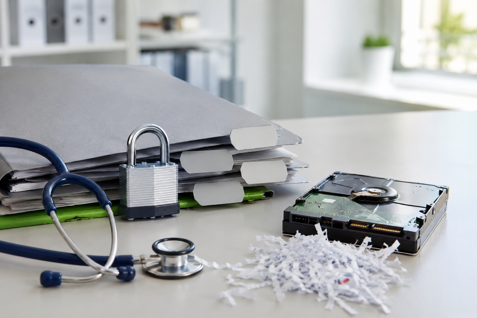 Healthcare records, lock, hard drive and shredded paper