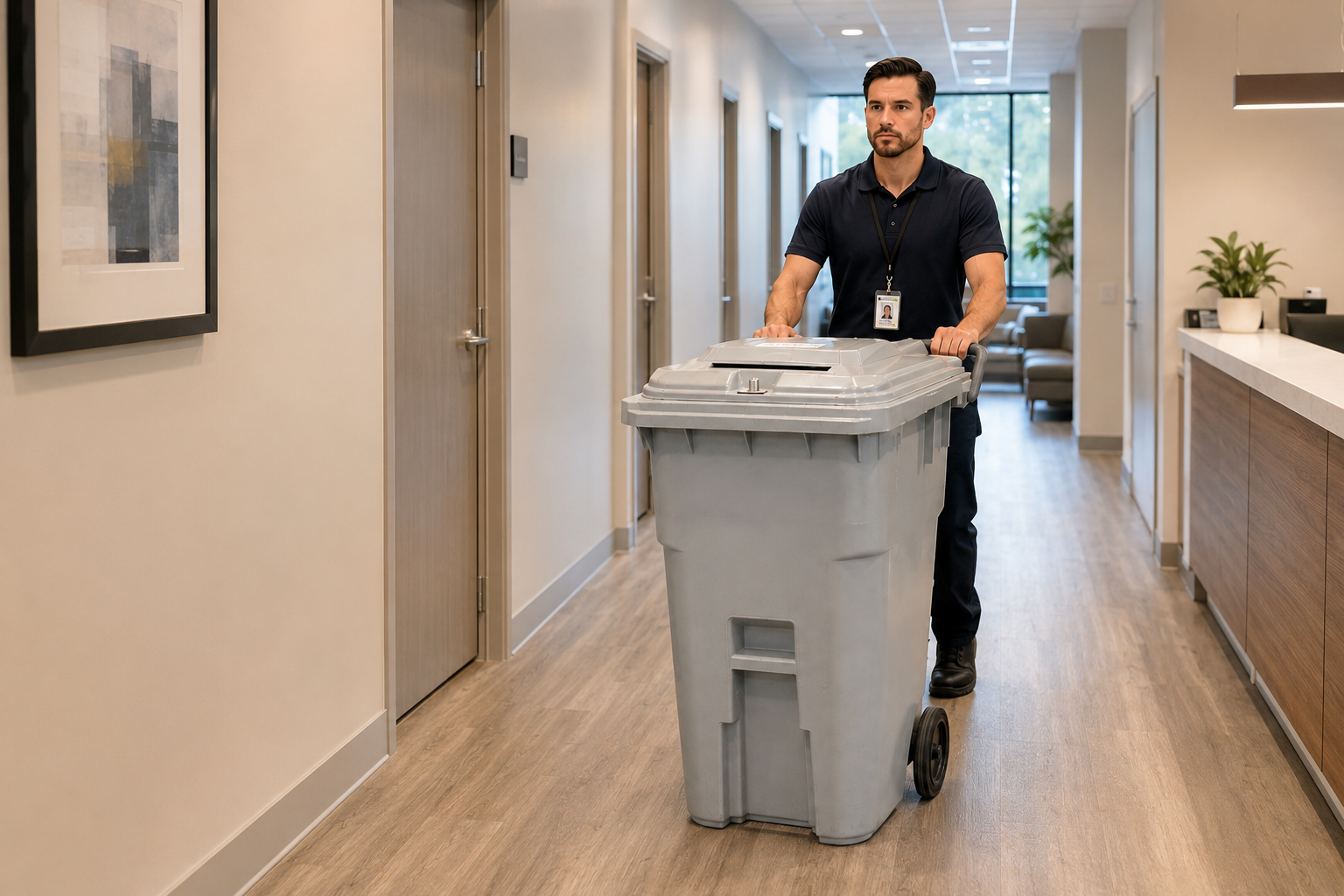 Technician pushing a secure healthcare document shredding container
