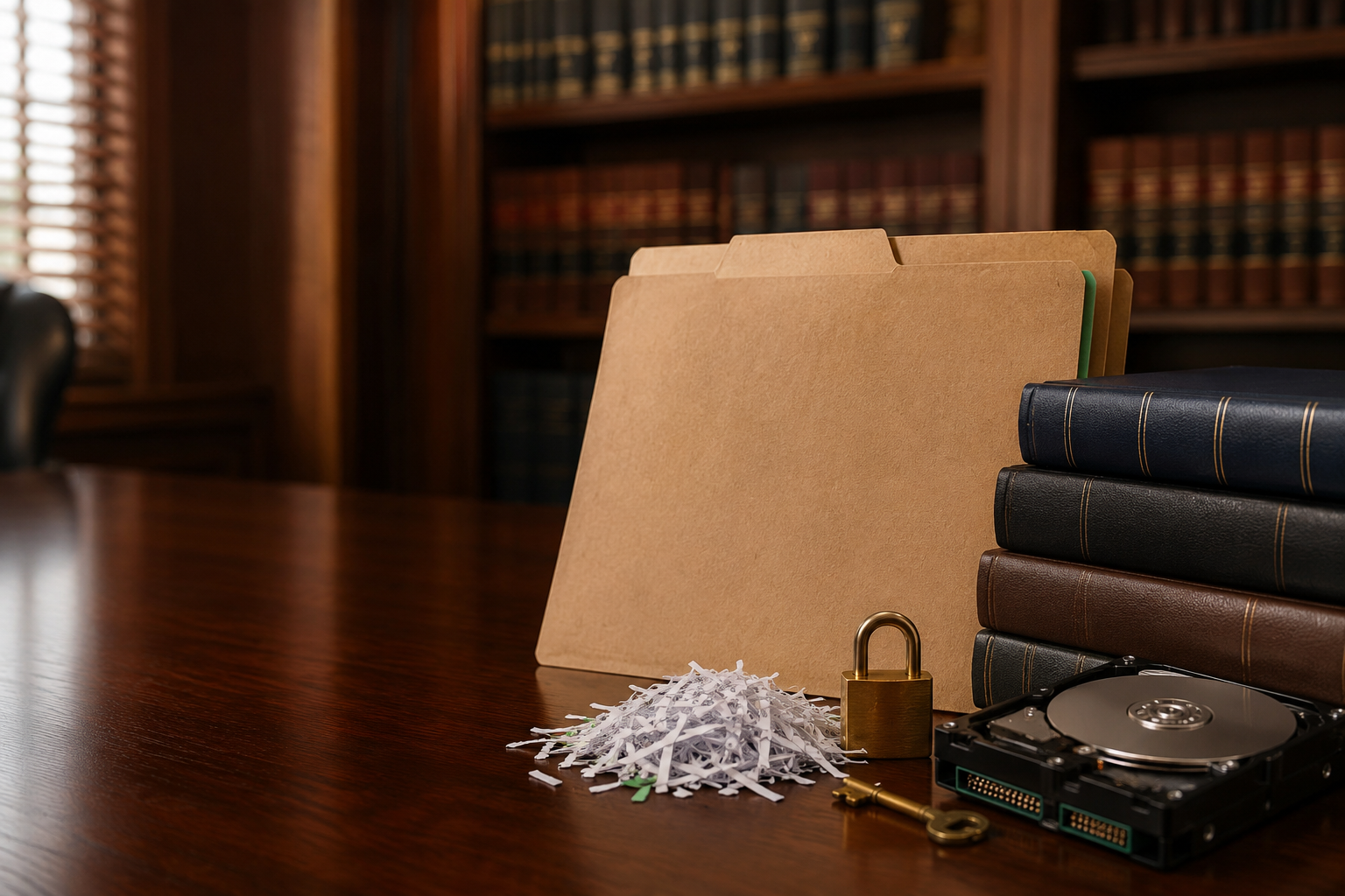 Legal files, lock, hard drive and shredded paper