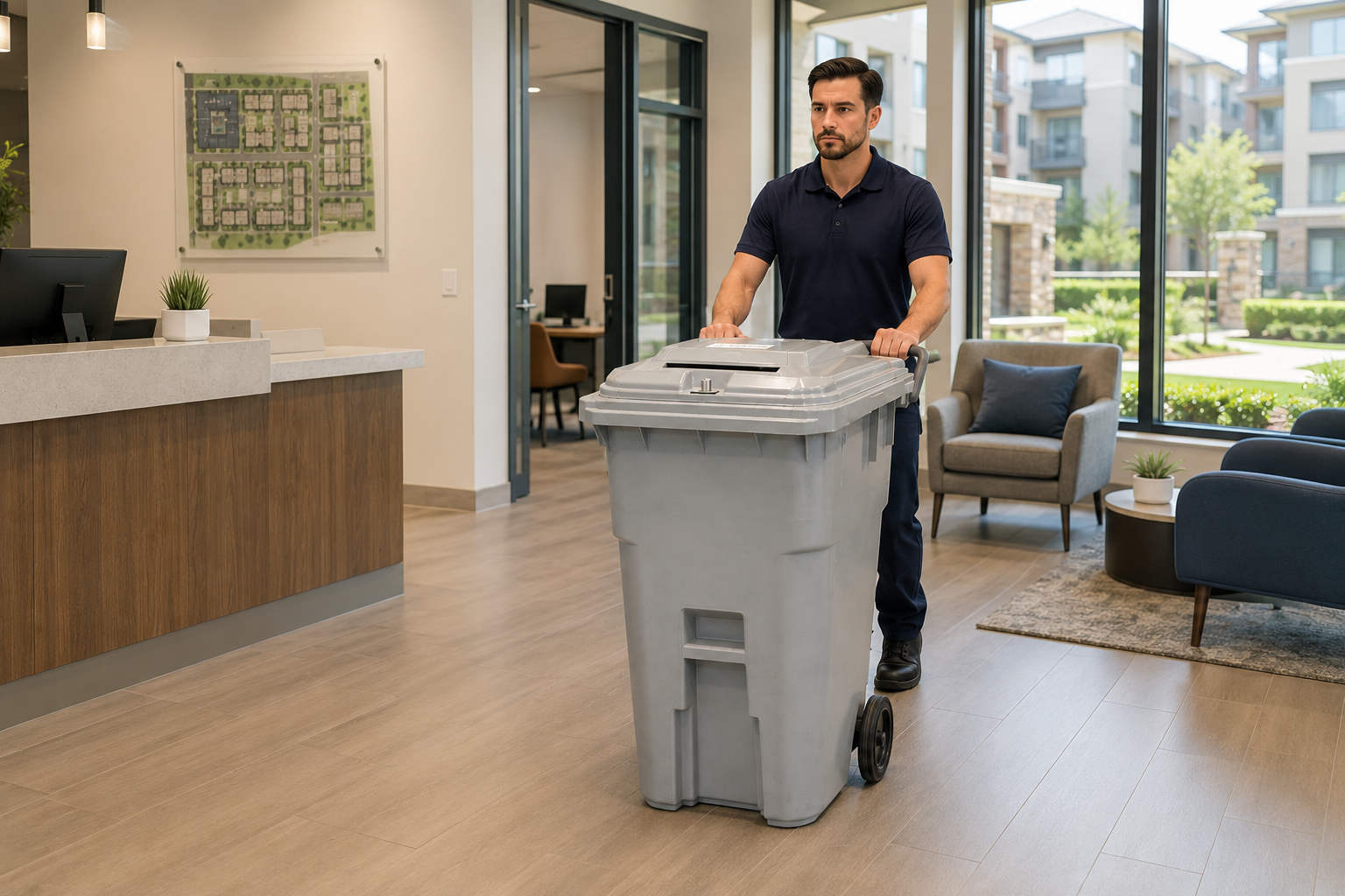 Technician pushing a secure shredding container through a property management office