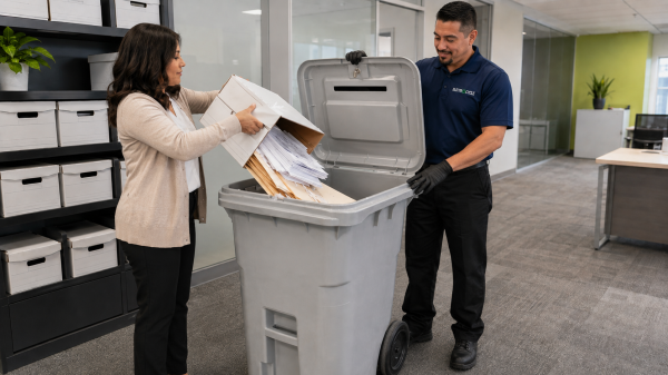 ElectroCycle employee helping a customer load documents into a secure shredding container