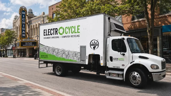 ElectroCycle mobile document shredding truck near the Michigan Theater in downtown Ann Arbor