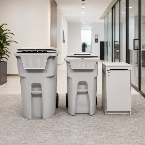 Secure document shredding containers: 95-gallon cart, 65-gallon cart and executive console